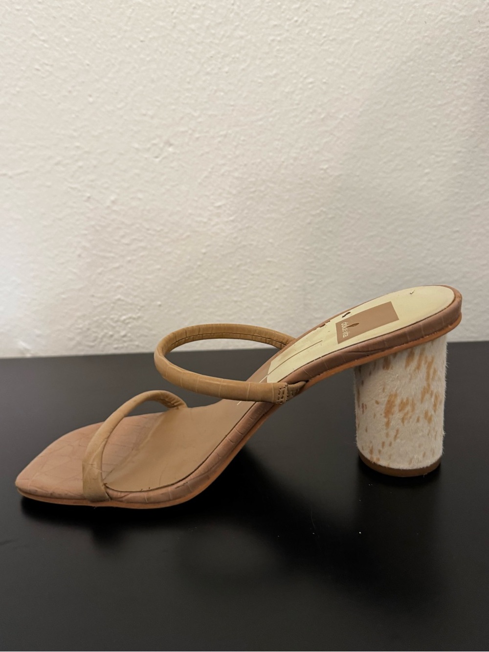 Dolce Vita Tan Croc-Embossed Double Strap Heel Sandals w/ Pony Hair Heel - Picture 9 of 12